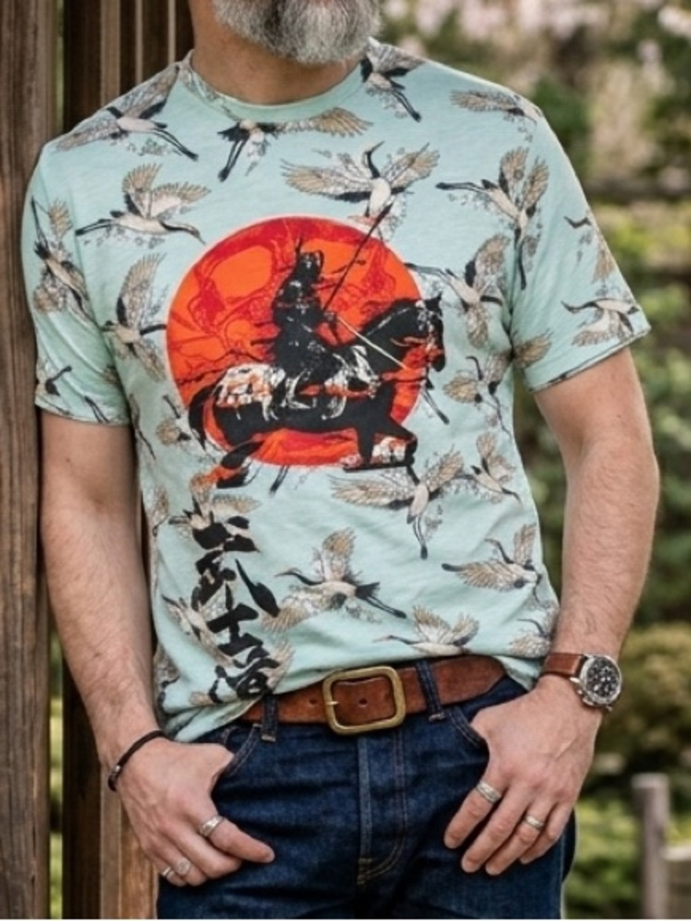 Original Gravity Japanese Samurai Crane Graphic T-Shirt XL AOP Streetstyle